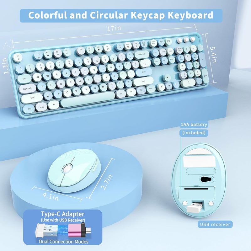 SkyGive Wireless Keyboard and Mouse Combo, Ergonomic Full Size Typewriter Retro Round Keycaps Keyboard, Compatible with Windows, PC, Perfer for Home and Office Keyboards (Blue - Image 5